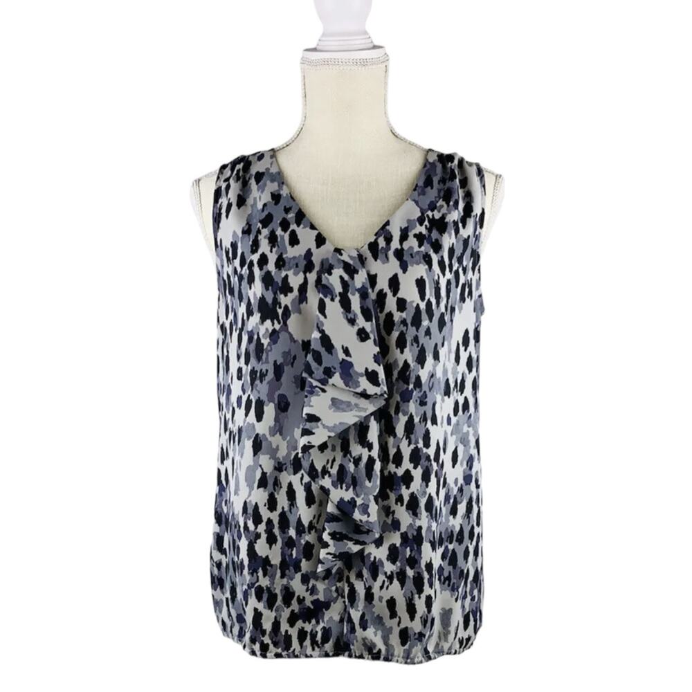 Ann Taylor Loft Top Womens Small Cheetah Print Blouse V-Neck Sleeveless Ruffle